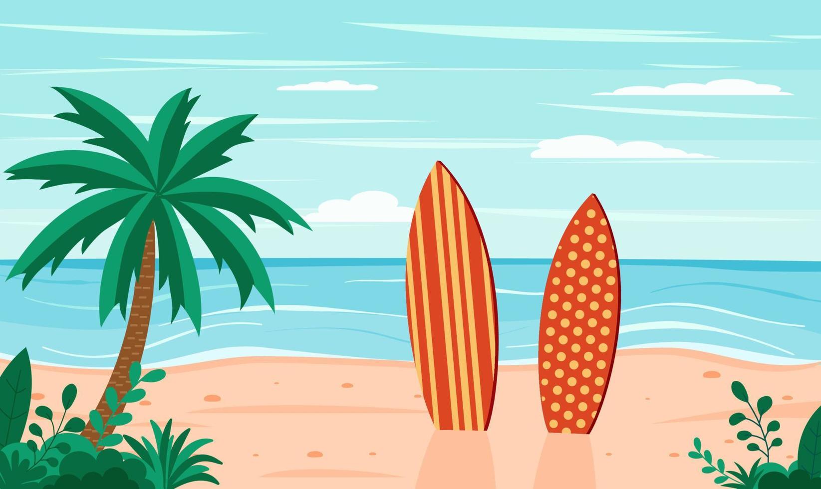 fond de plage d'été drôle avec des planches de surf vecteur