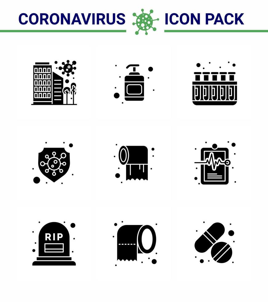 icônes de sensibilisation au coronavirus 9 glyphe solide icône noire virus corona lié à la grippe comme le bouclier de papier désinfectant laboratoire de sécurité coronavirus viral 2019nov éléments de conception de vecteur de maladie