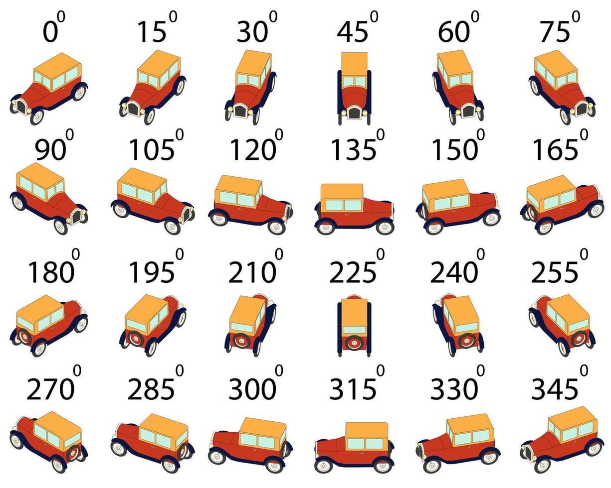 un ensemble de 24 voitures rétro sous différents angles. vecteur