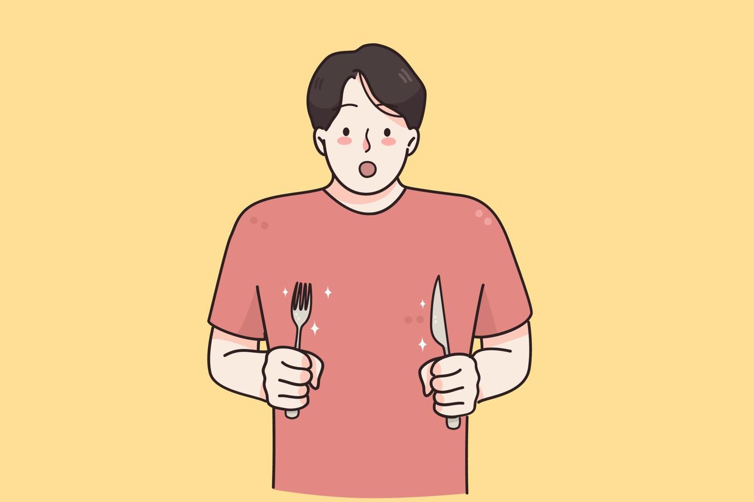 faim, appétit, concept de surprise. personnage de dessin animé de jeune homme affamé avec un couteau et une fourchette dans les mains debout se sentant choqué par une illustration vectorielle de repas savoureux vecteur