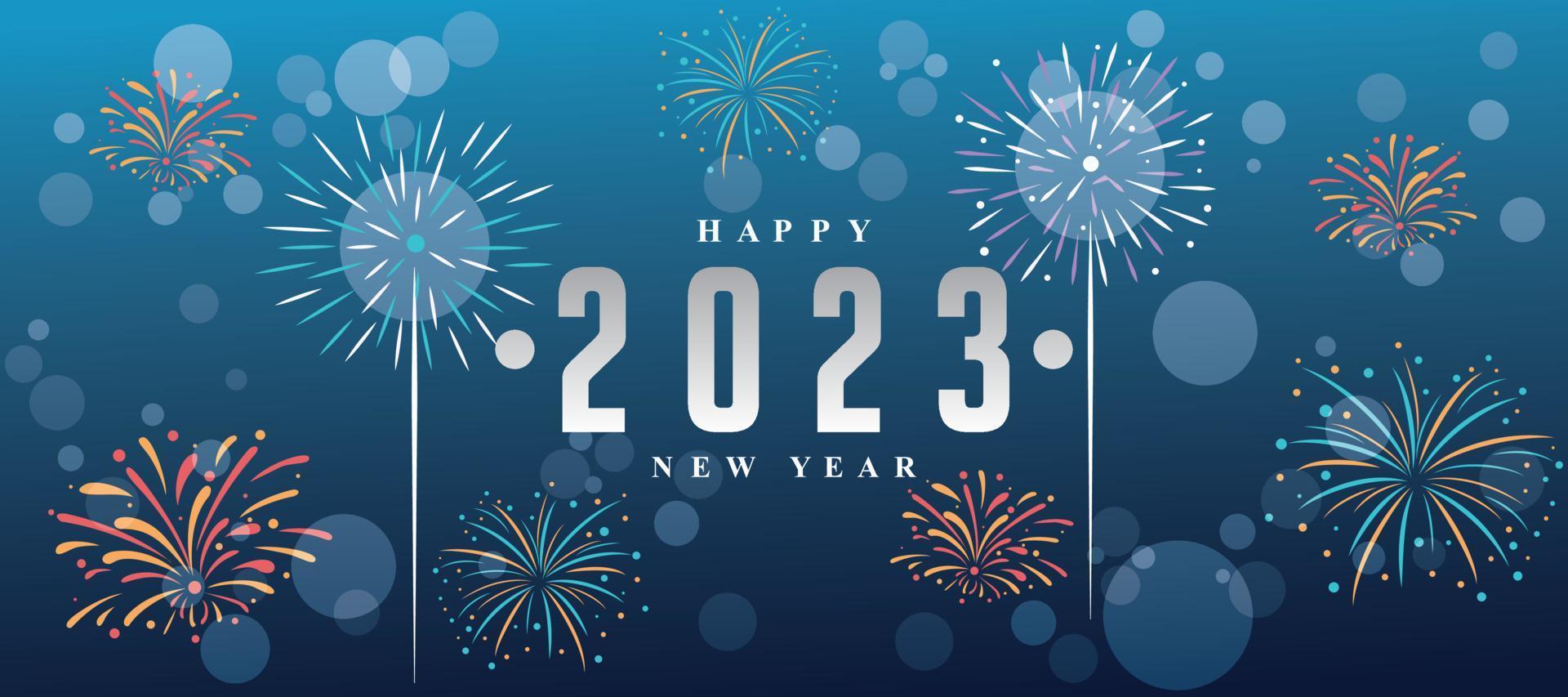 fond de nouvel an 2023 avec feux d'artifice et nuances bleues vecteur