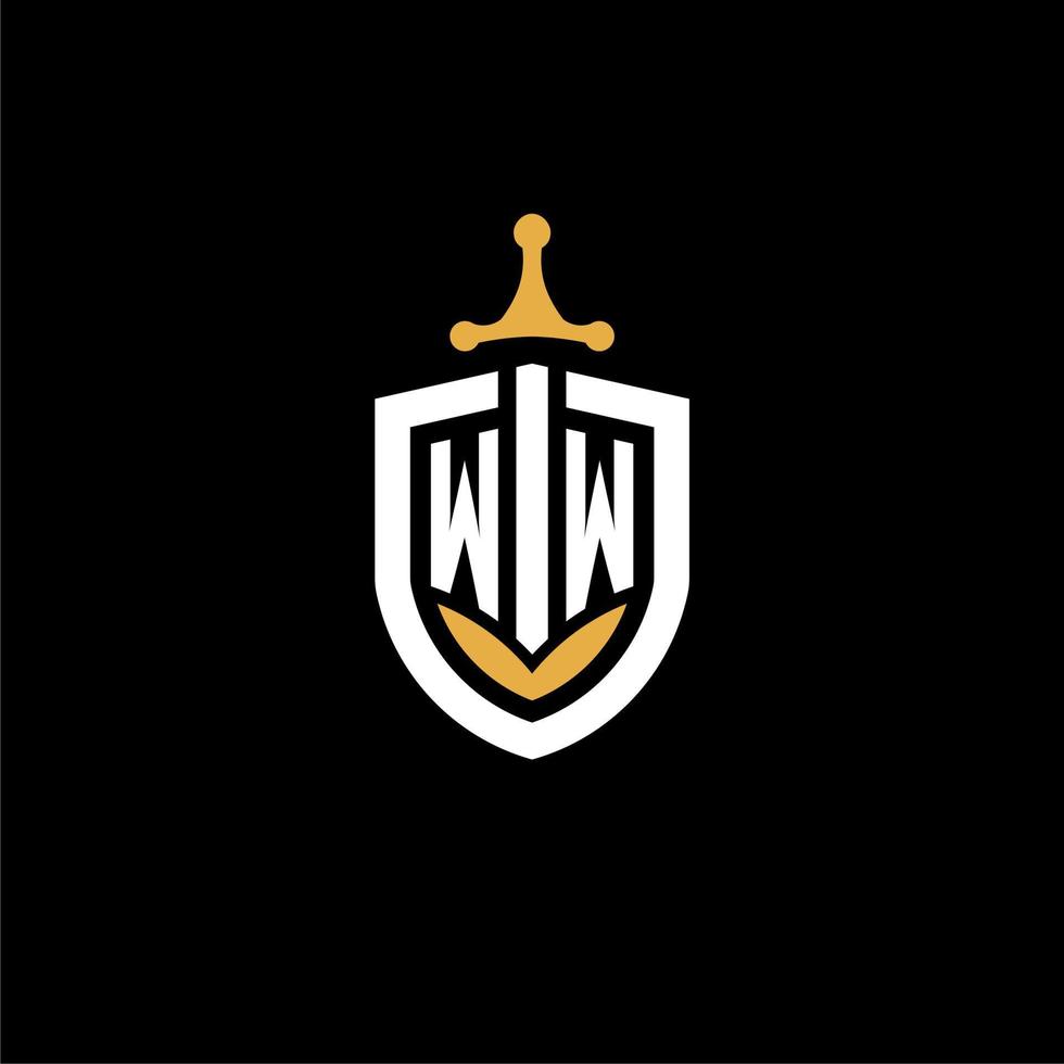 lettre créative ww logo gaming esport avec des idées de conception de bouclier et d'épée vecteur