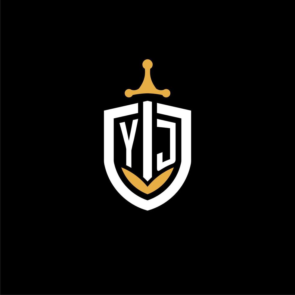 lettre créative yj logo gaming esport avec des idées de conception de bouclier et d'épée vecteur