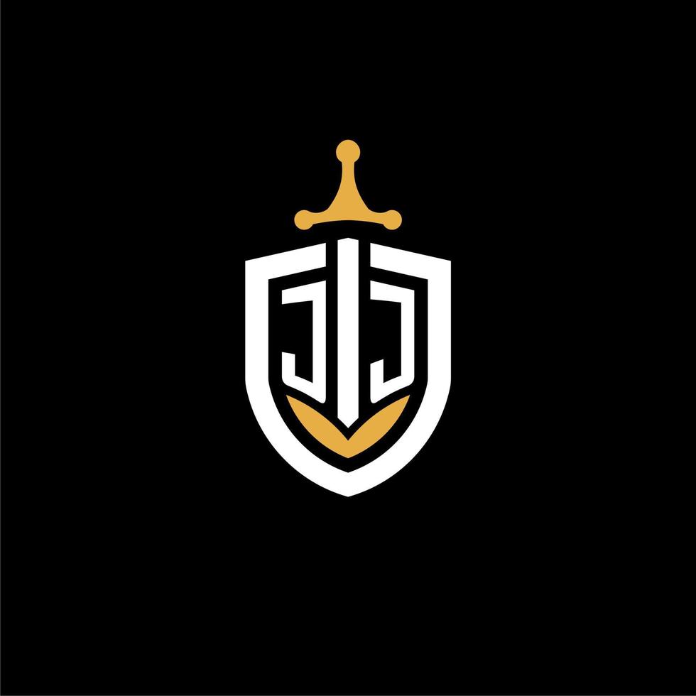 lettre créative jj logo gaming esport avec des idées de conception de bouclier et d'épée vecteur