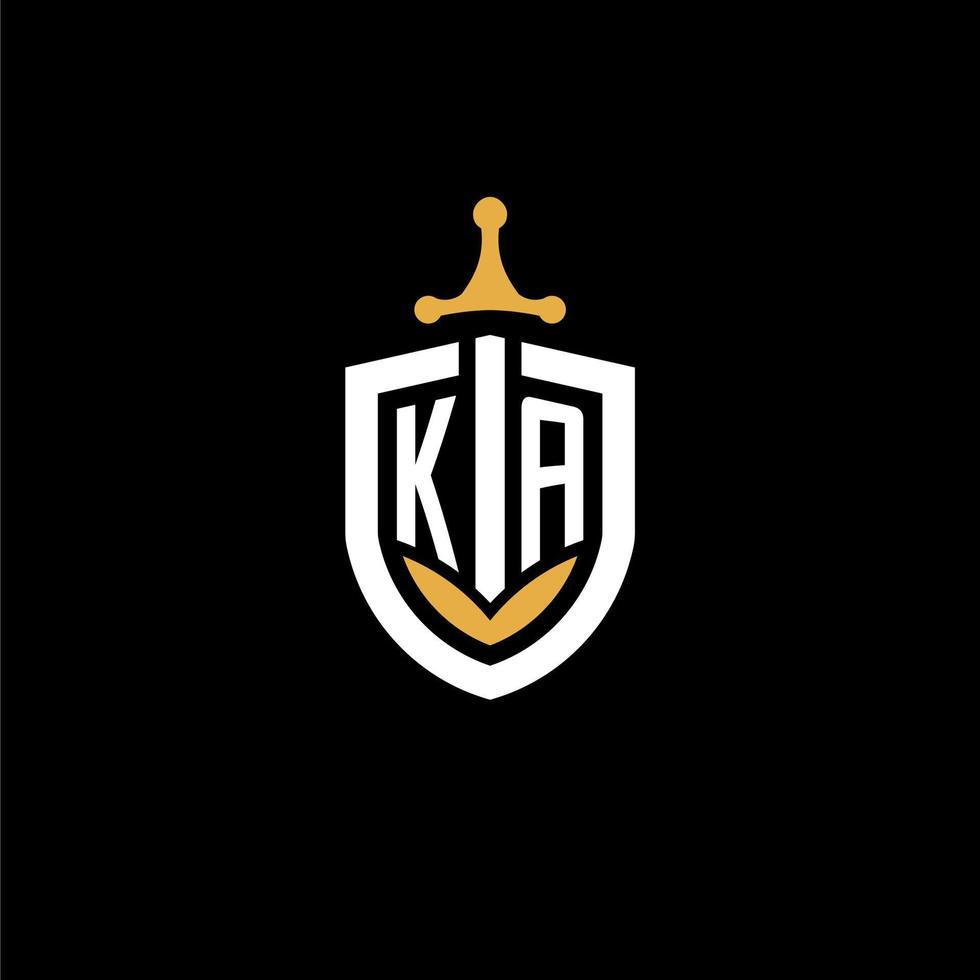 lettre créative ka logo gaming esport avec des idées de conception de bouclier et d'épée vecteur
