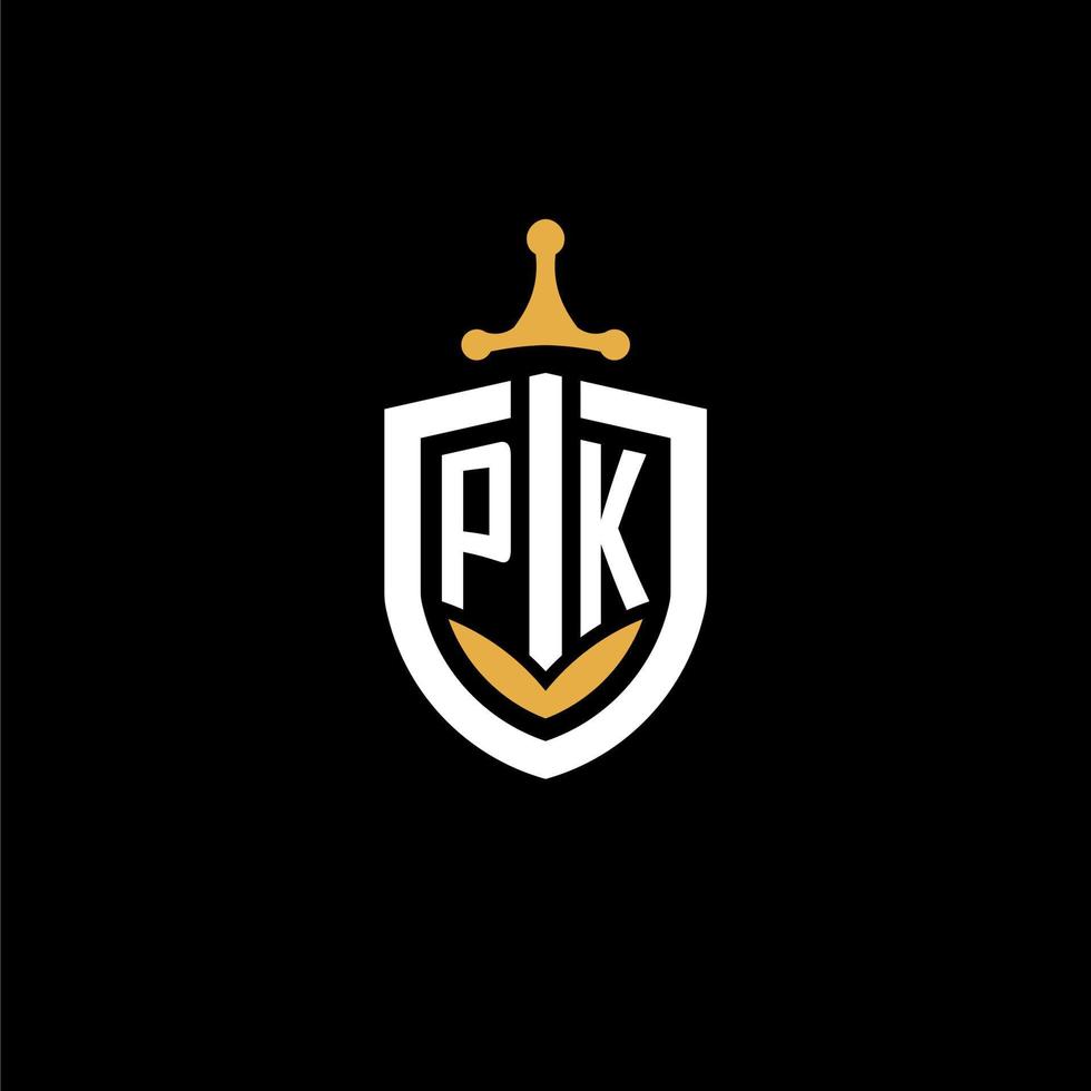 lettre créative pk logo gaming esport avec des idées de conception de bouclier et d'épée vecteur