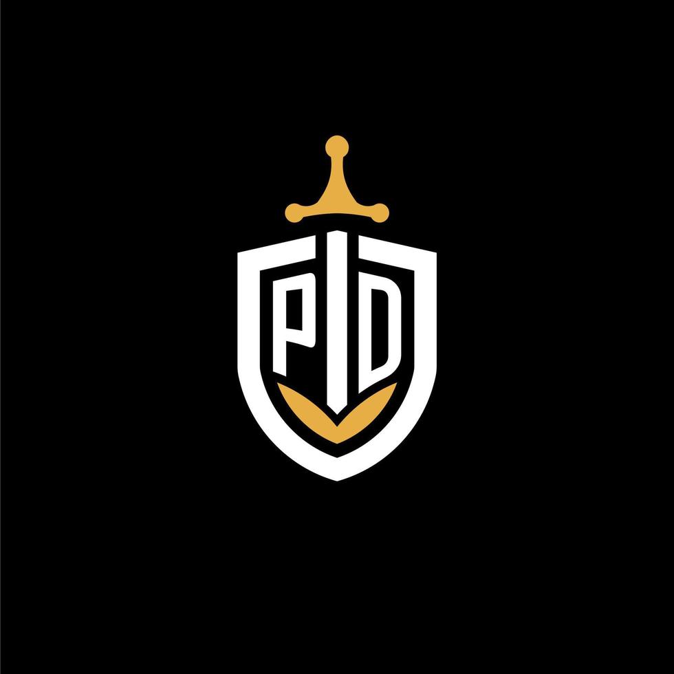 lettre créative pd logo gaming esport avec des idées de conception de bouclier et d'épée vecteur