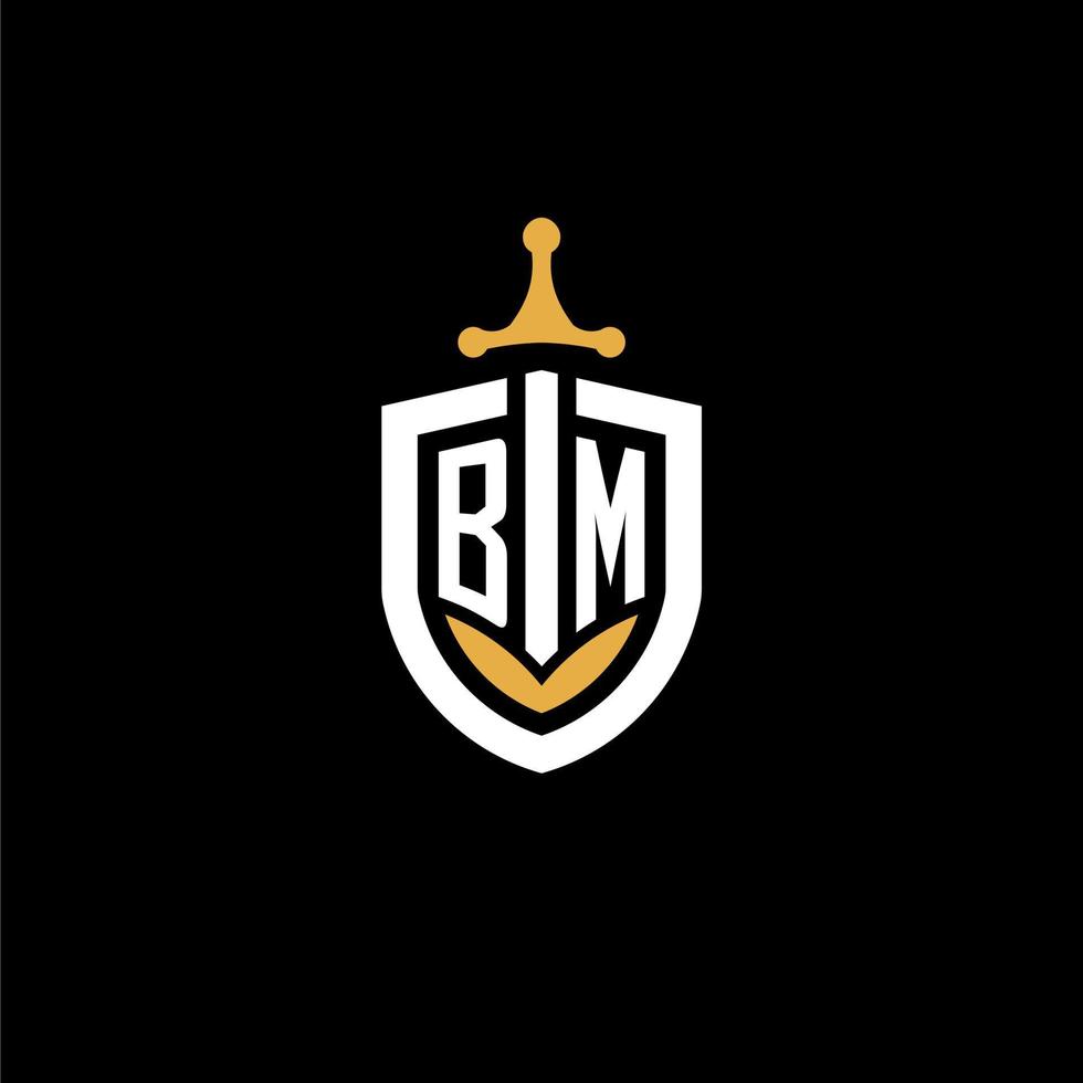 lettre créative bm logo gaming esport avec des idées de conception de bouclier et d'épée vecteur