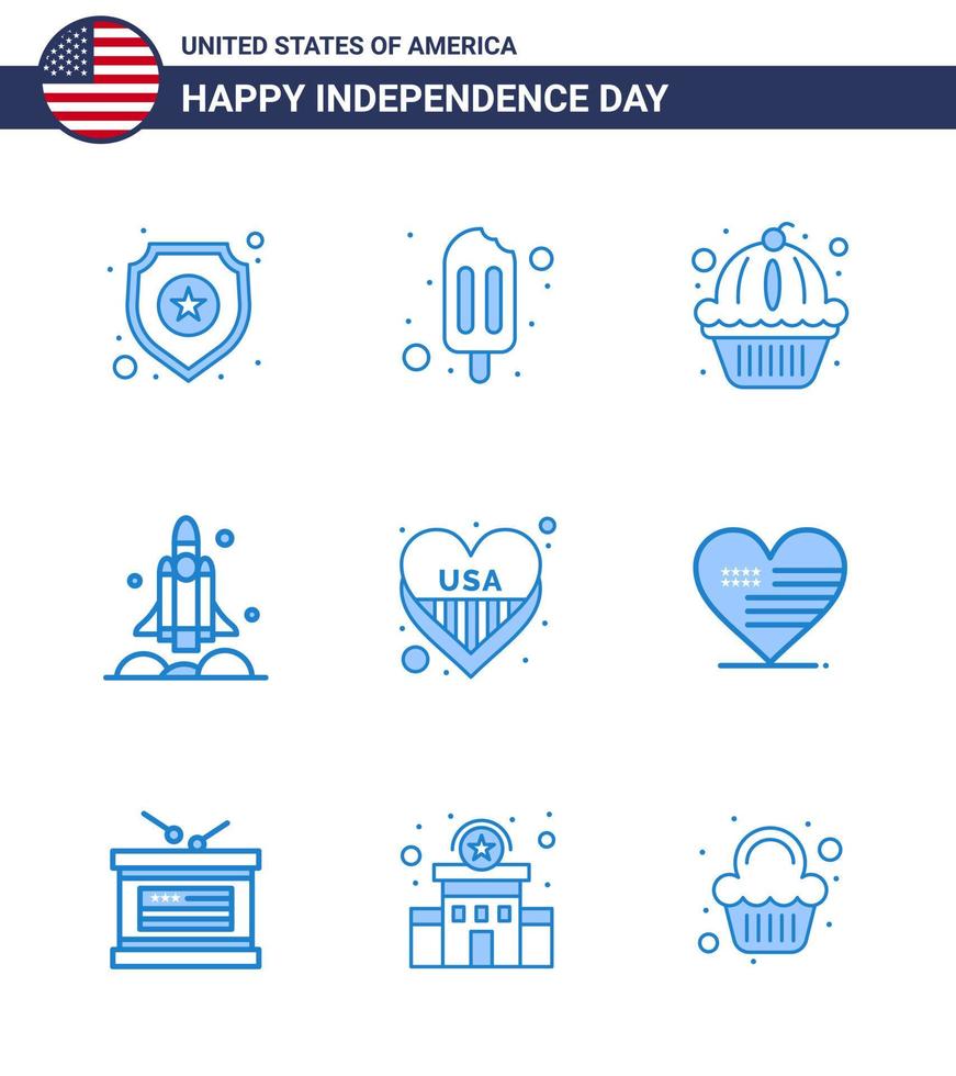 9 icônes créatives des États-Unis signes d'indépendance modernes et symboles du 4 juillet du coeur États-Unis muffin transport fusée modifiables éléments de conception vectorielle de la journée des États-Unis vecteur