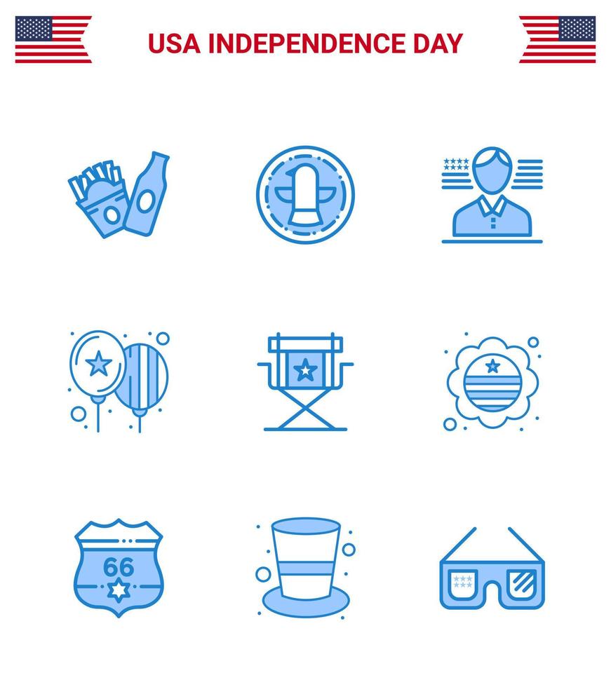 joyeux jour de l'indépendance 4 juillet ensemble de 9 pictogrammes américains de blues du réalisateur star jour de la chaise américaine modifiables éléments de conception vectoriels usa day vecteur