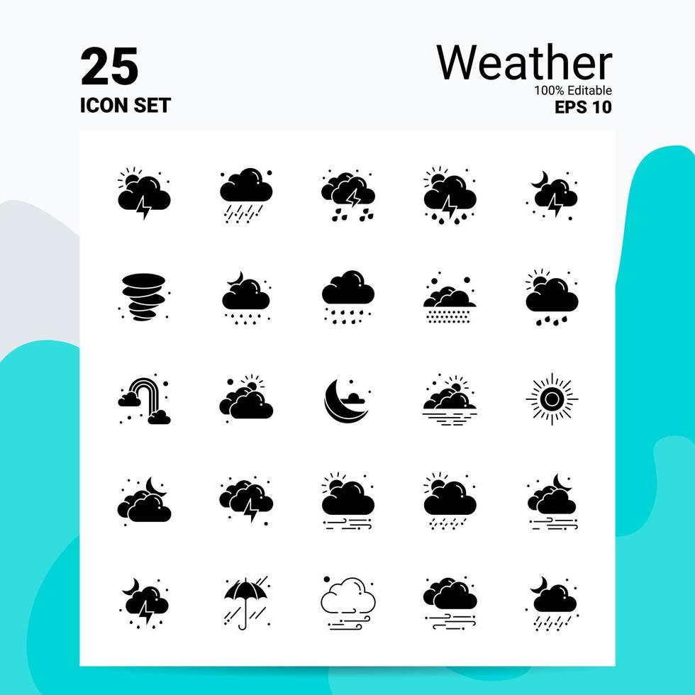 25 jeu d'icônes météo 100 fichiers eps modifiables 10 idées de concept de logo d'entreprise conception d'icône de glyphe solide vecteur