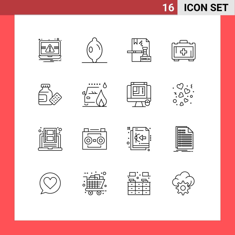 ensemble de 16 pictogrammes d'interface mobile de médecine d'accident sac de santé médical numérique éléments de conception vectoriels modifiables vecteur