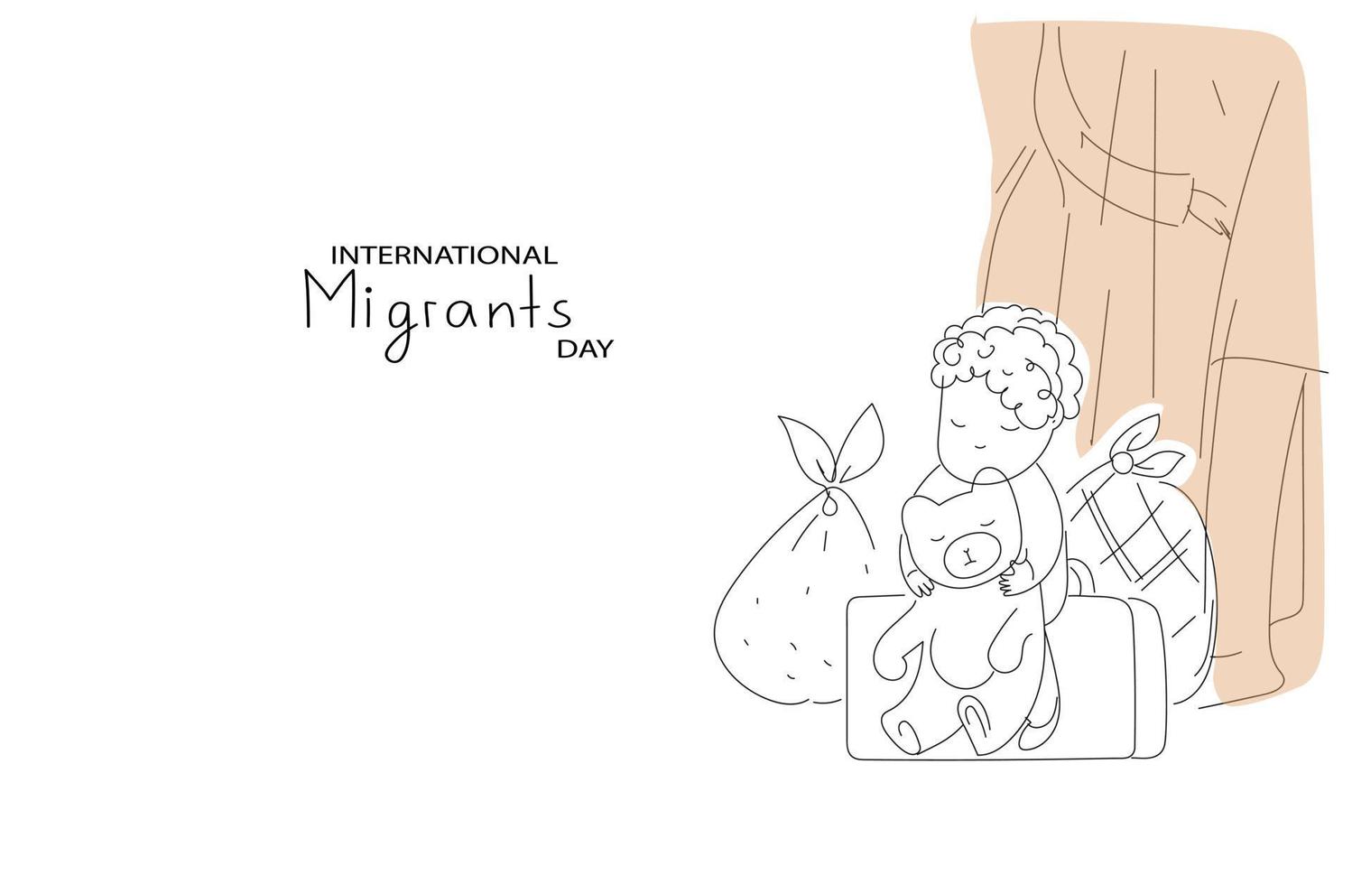 journée des migrants internationaux. illustration de doodle plat horizontal en mode sombre vecteur multicolore pour bannière de médias sociaux, affiche