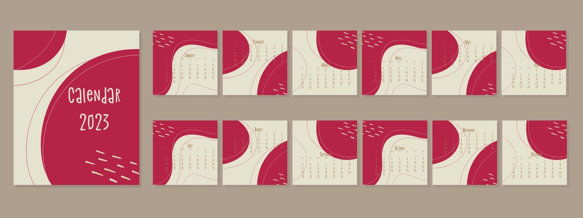 ensemble de modèles de calendrier 2023 par mois, concept de couverture de calendrier, style boho abstrait viva magenta couleur tendance 2023. vecteur