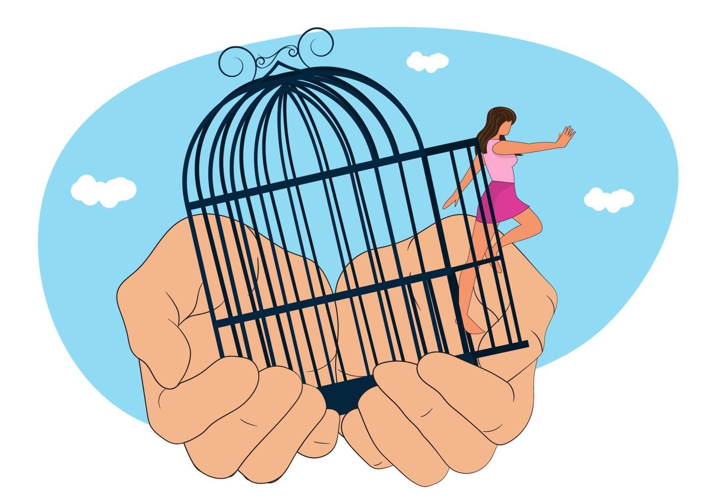 femme cage ouverte surmontant la peur et le doute. échapper à la zone de confort. concept psychologique de liberté et de risque. femme indépendante se débarrasser de la peur illustration vectorielle plane isolée sur fond blanc. vecteur