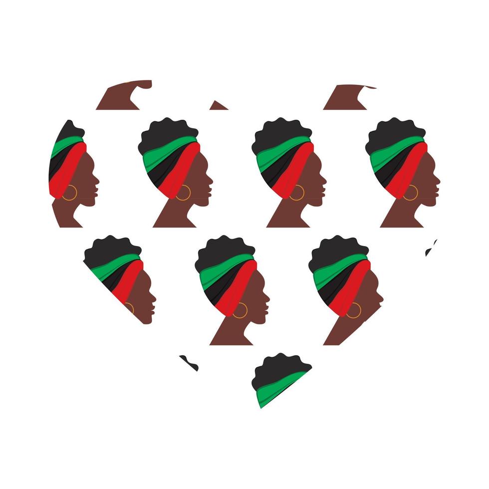 contour de la forme de coeur avec motif du profil des femmes afro-américaines tournées vers la droite vecteur