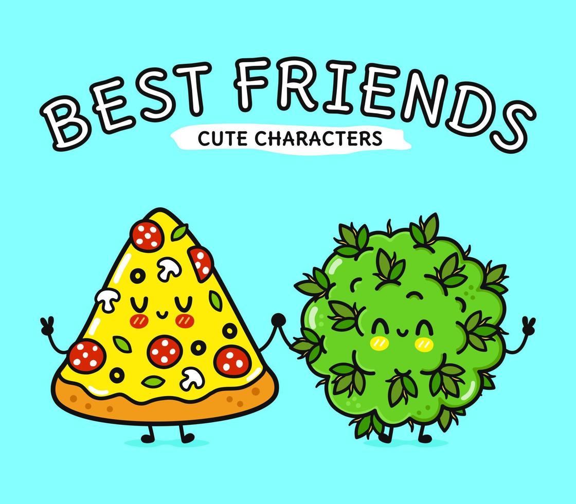 mignon, drôle pizza heureuse et personnage de bourgeon de marijuana. personnages de kawaii de dessin animé dessinés à la main de vecteur, icône d'illustration. drôle de dessin animé joyeux amis de la pizza et de la marijuana vecteur