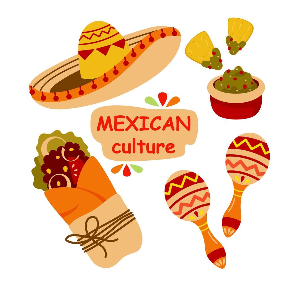 éléments de la culture mexicaine, sombrero, maracas, burrito, guacamole. vecteur