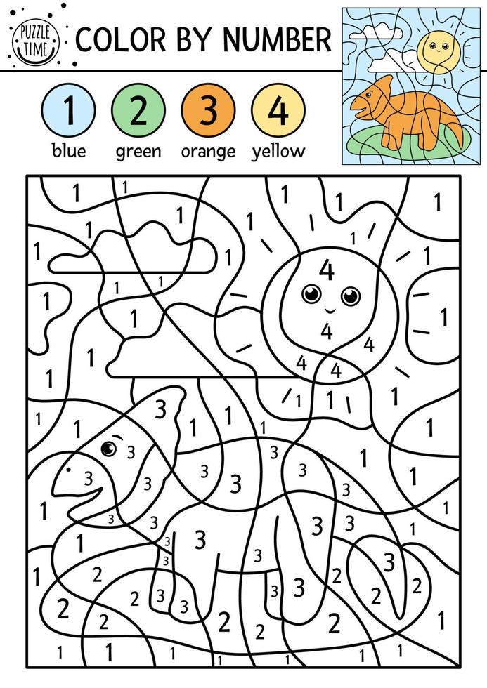 couleur préhistorique de vecteur par activité numérique avec dinosaure. ancien jeu de coloriage et de comptage d'animaux avec dino mignon. page de coloration éducative amusante pour les enfants.