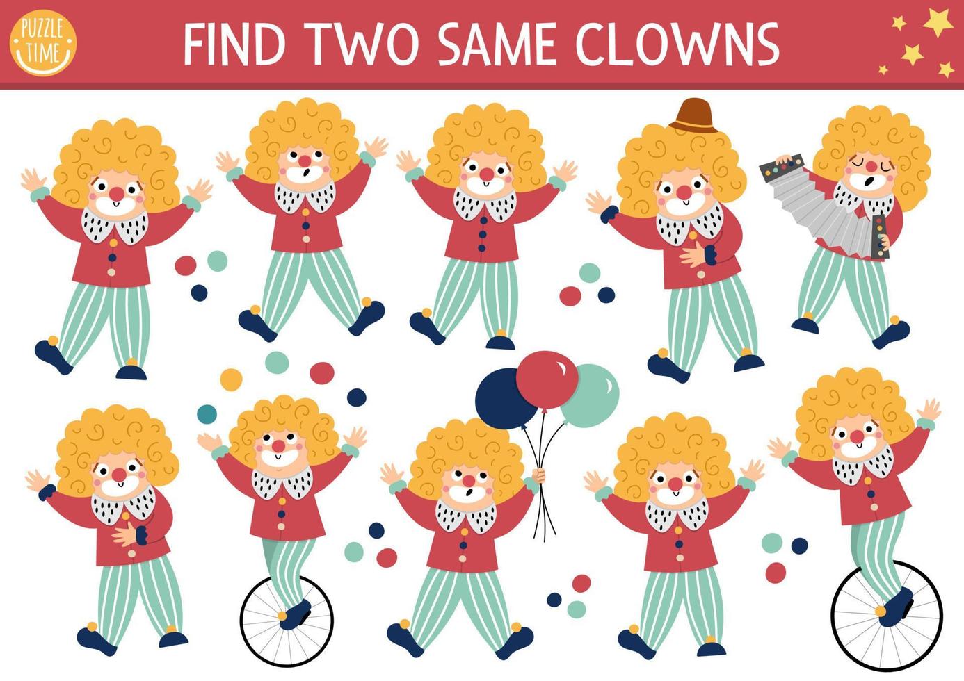 trouver deux mêmes clowns. activité de jumelage de cirque pour les enfants. feuille de travail de quiz éducatif de spectacle d'amusement pour les enfants pour les compétences d'attention. jeu imprimable de festival de divertissement simple vecteur