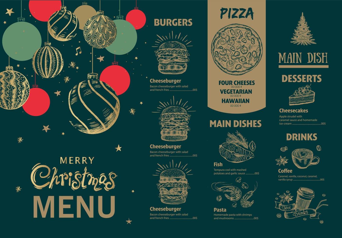 menu de noël, modèle, illustration dessinée à la main. vecteur