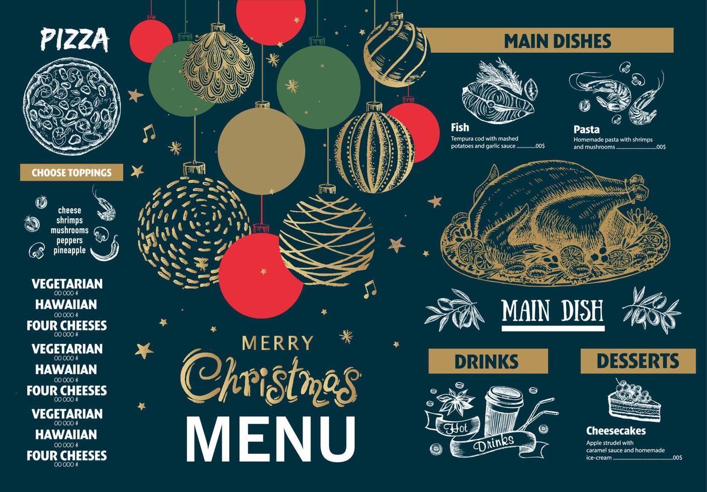 menu de noël, modèle, illustration dessinée à la main. vecteur