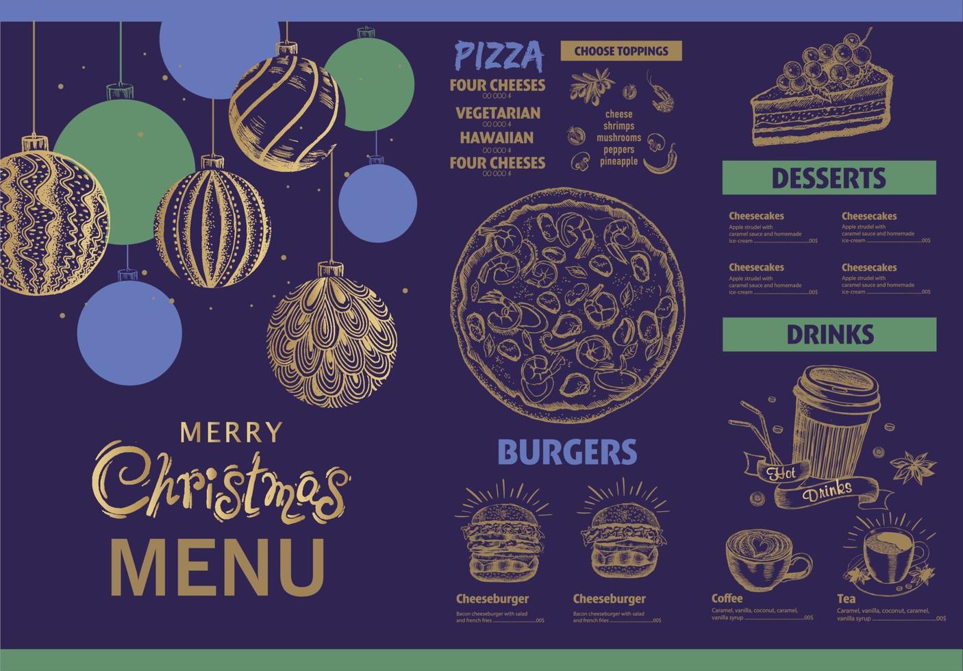 menu de noël, modèle, illustration dessinée à la main. vecteur