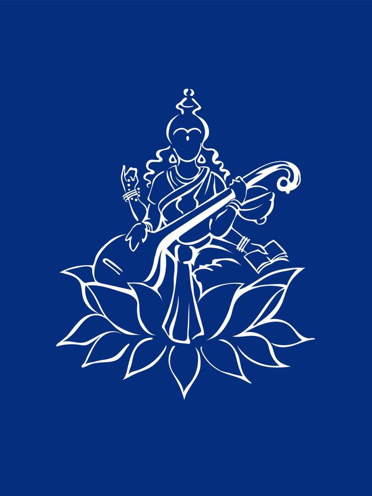 saraswati, déesse hindoue de la connaissance, assise sur une fleur de lotus et jouant de l'instrument veena, symbole du plan, croquis à l'encre dessiné à la main. décoration, estampes, vasant panchami, festival saraswati jayanti vecteur