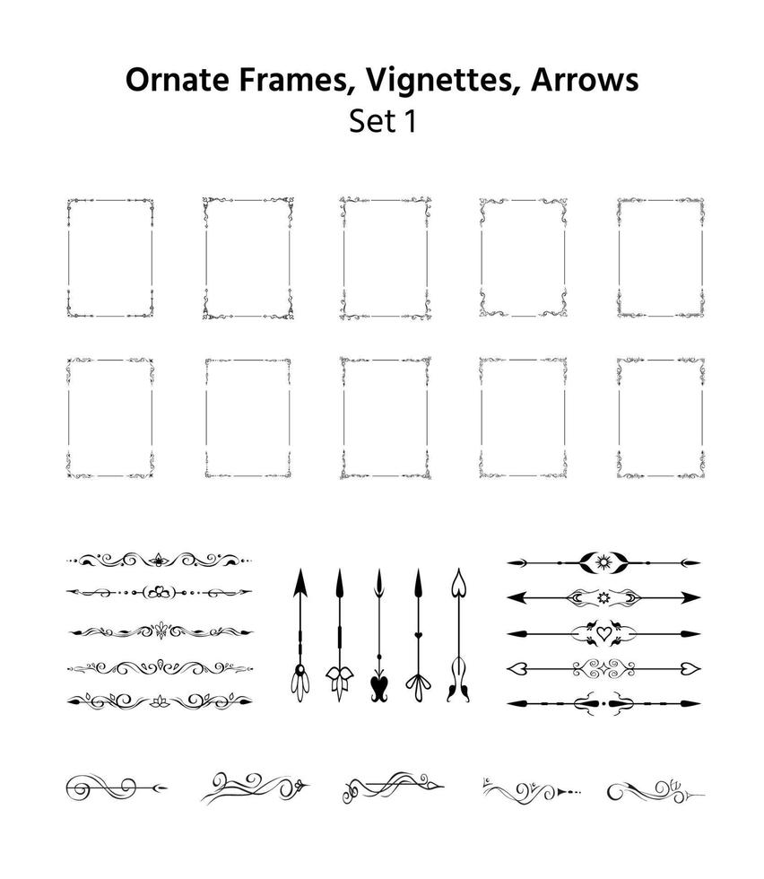 ensemble de séparateurs de texte dessinés à la main, vignettes calligraphiques. lignes rétro élégantes, cadres, séparateurs de paragraphes et flèches, décoration de page. éléments de conception romantiques modifiables pour les impressions vecteur