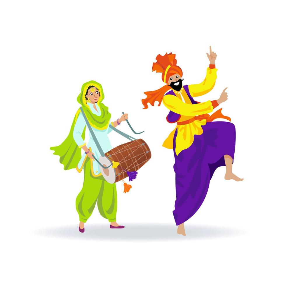 heureux couple sikh coloré, homme barbu en turban dansant bhangra, joyeuse jeune femme en costume punjabi vert jouant du tambour dhol au festival, mariage. personnages de dessins animés isolés sur fond blanc vecteur