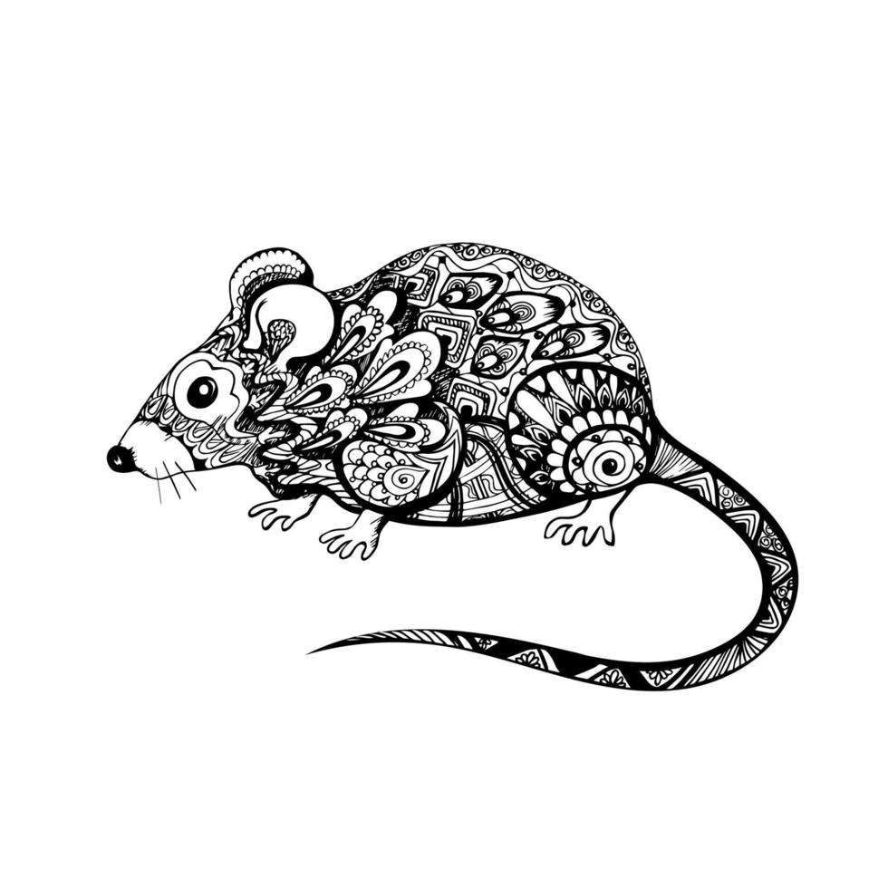 rat ou souris, animal stylisé dessiné à la main, symbole tendance de la richesse. graphiques ethniques tribaux, rongeur de style tatouage avec fleurs et fioritures. signe du zodiaque pour la déco et la coloration vecteur