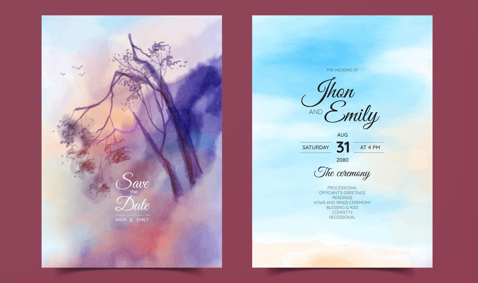 invitation de mariage avec fond aquarelle vue paysage vecteur