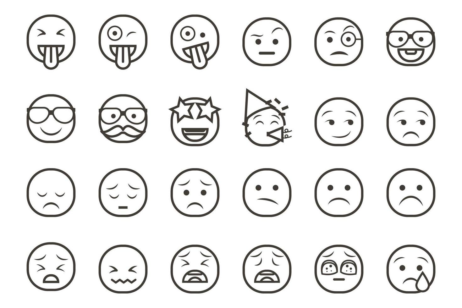 ensemble d'icônes smiley émoticône. emoji de dessin animé serti d'émotion souriante, triste, heureuse et plate dans un style d'art en ligne vecteur