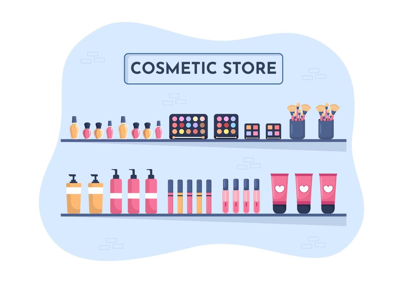 magasin de cosmétiques avec choix de produits de soins de la peau, de cosmétiques, de parfums, de maquillage et de beauté pour filles dans l'illustration de modèles dessinés à la main de dessin animé plat vecteur