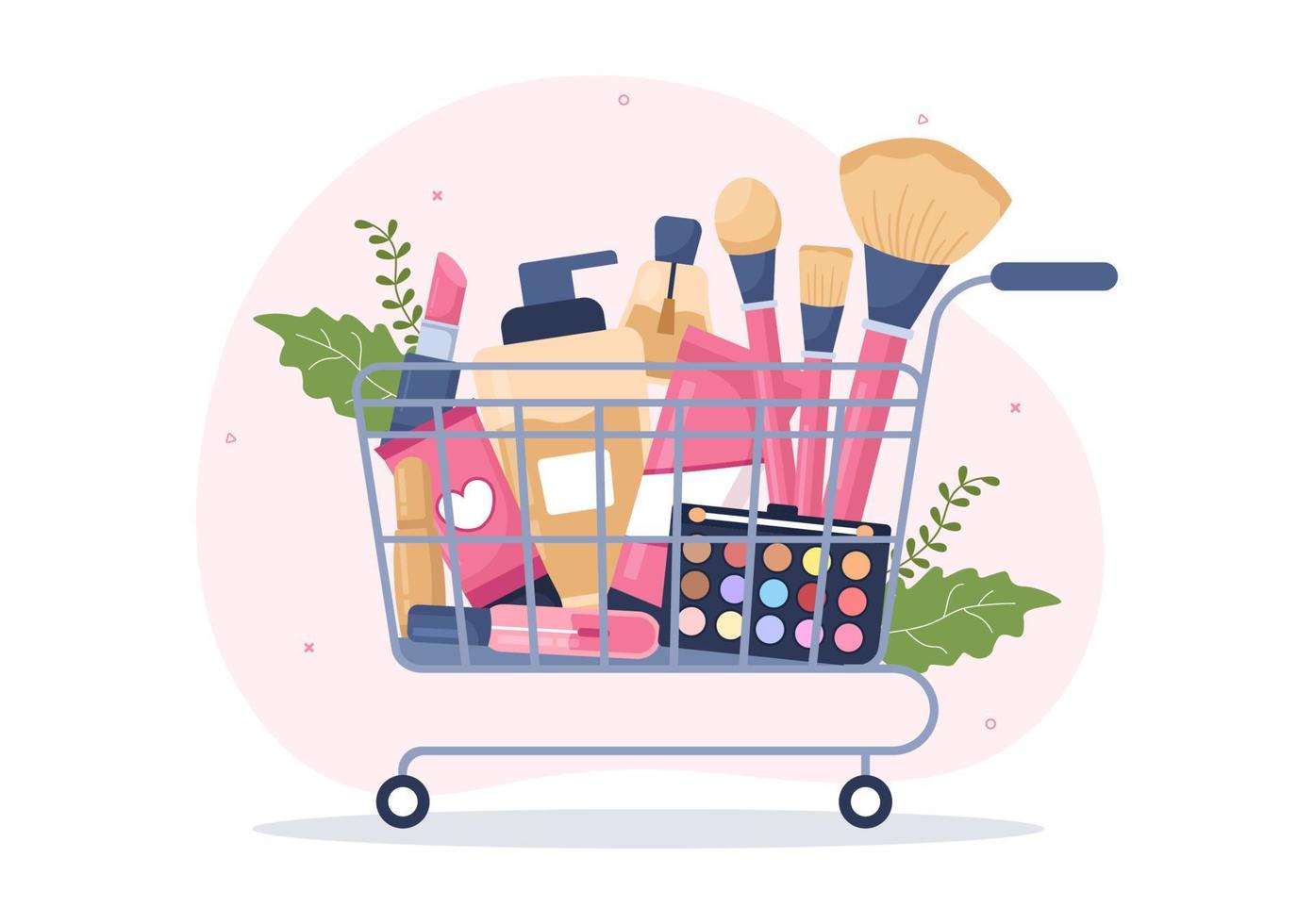 magasin de cosmétiques avec choix de produits de soins de la peau, de cosmétiques, de parfums, de maquillage et de beauté pour filles dans l'illustration de modèles dessinés à la main de dessin animé plat vecteur