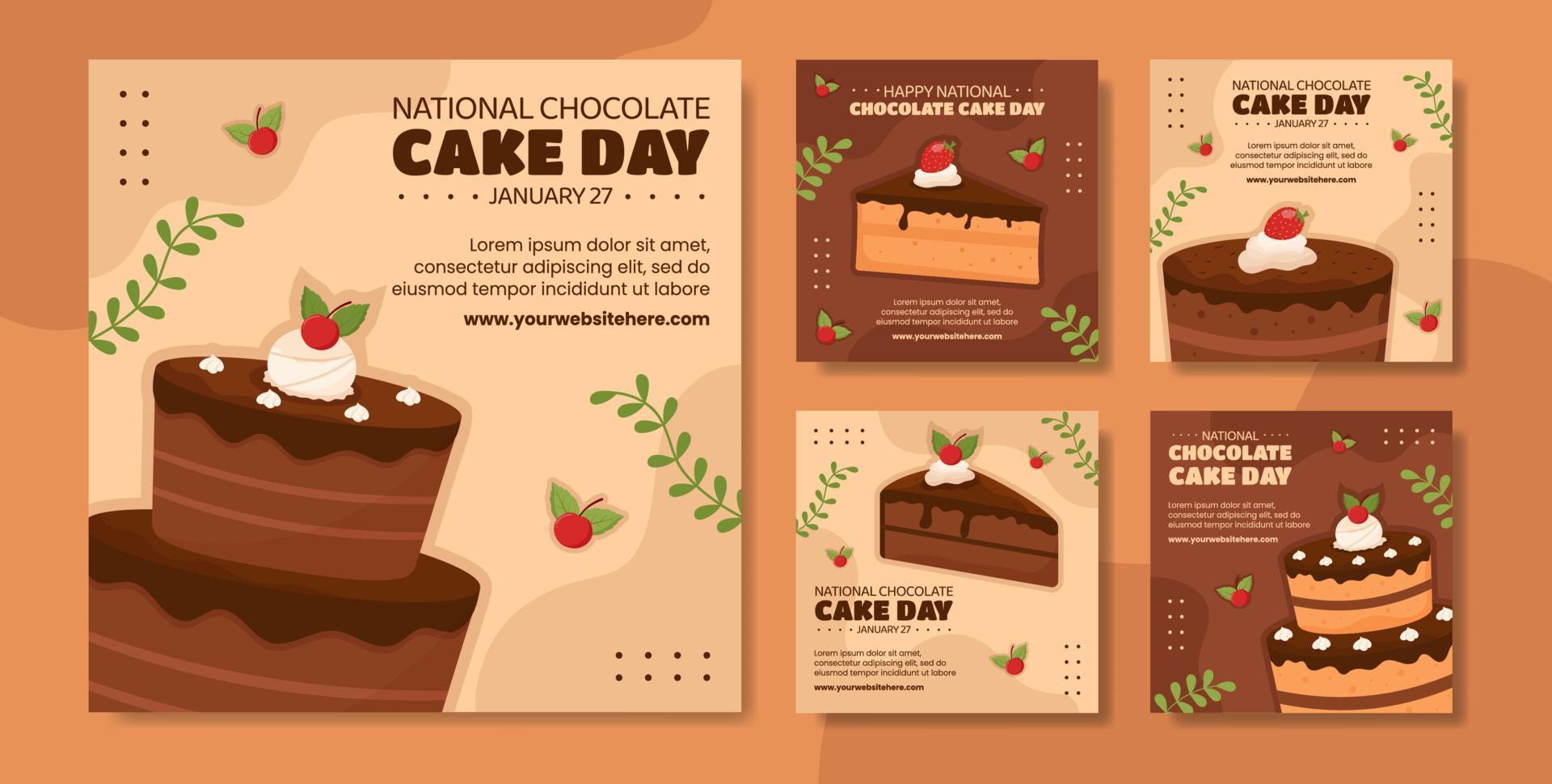 illustration de modèles dessinés à la main de dessin animé plat de médias sociaux de la journée nationale du gâteau au chocolat vecteur