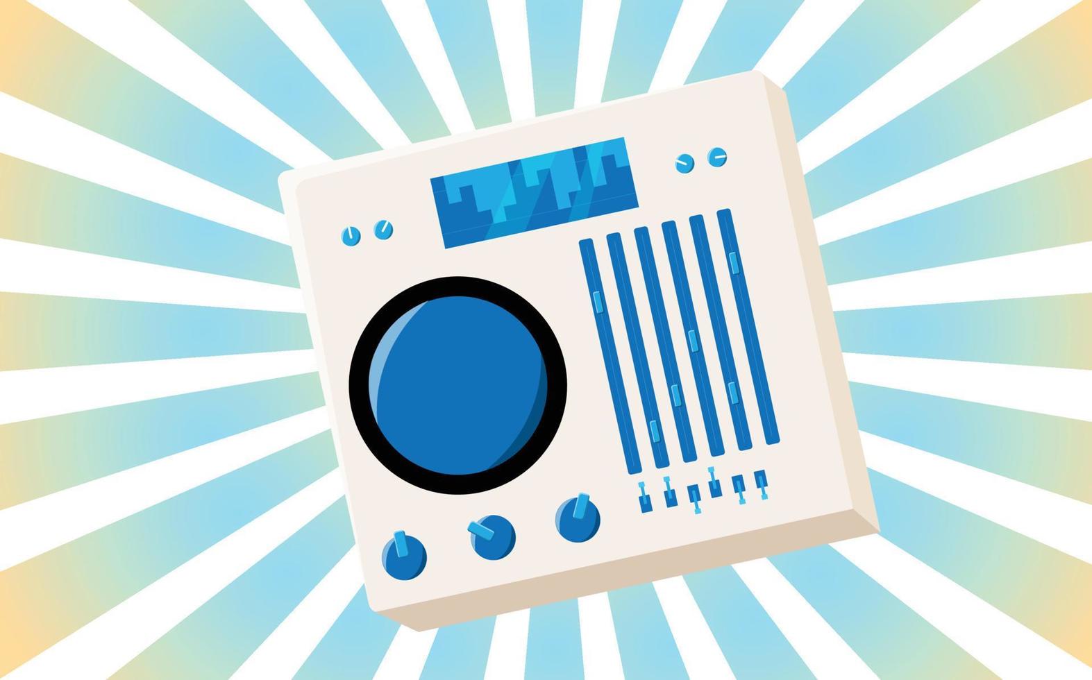 ancienne affiche vintage rétro avec équipement de musique audio carte dj en vinyle avec curseurs et manivelles et boutons des années 70, 80, 90 sur fond des rayons bleus du soleil. illustration vectorielle vecteur