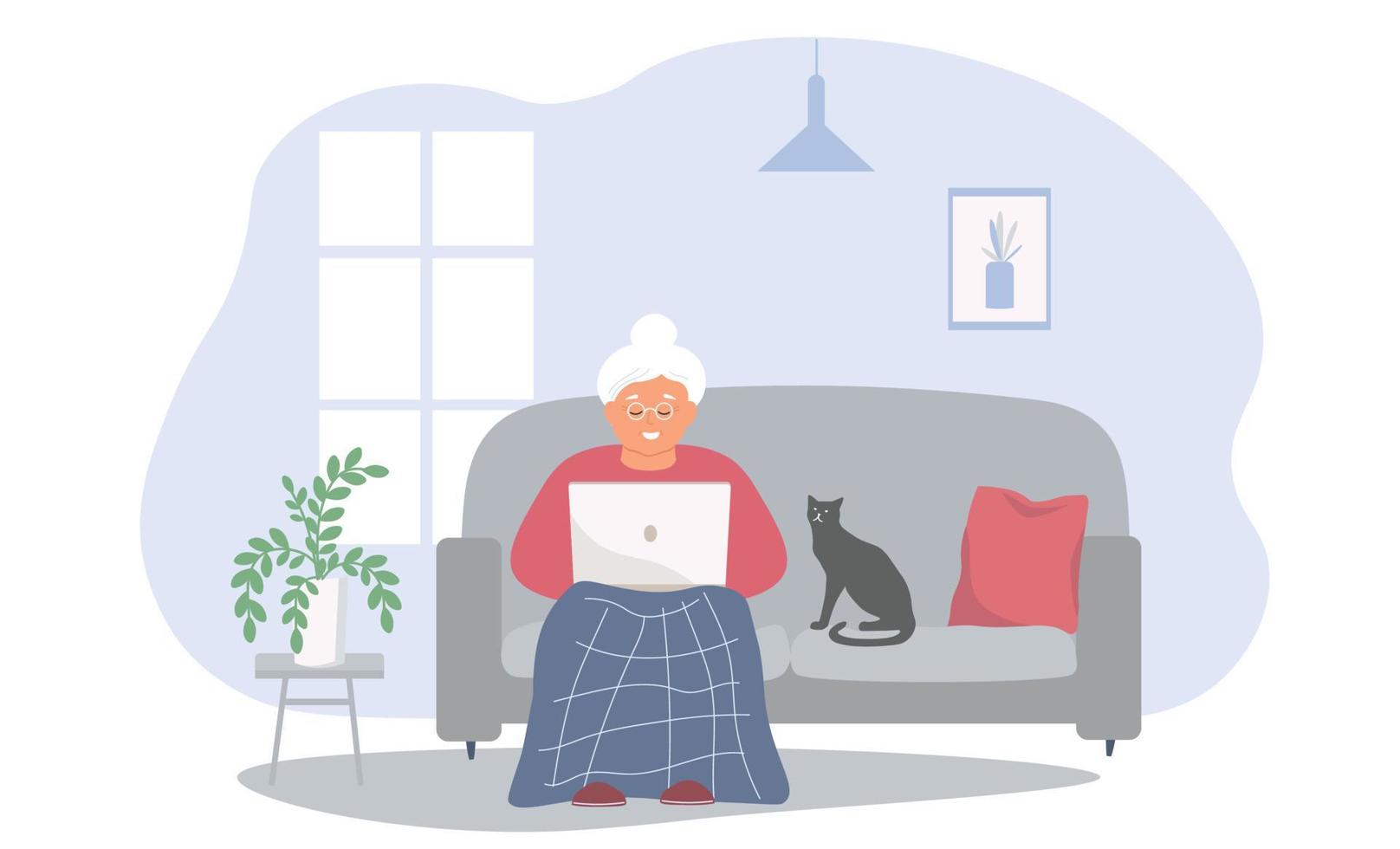 une dame âgée est assise sur le canapé avec un ordinateur portable dans les mains et un chat. la vieille femme travaille, communique en ligne depuis chez elle. graphiques vectoriels. vecteur