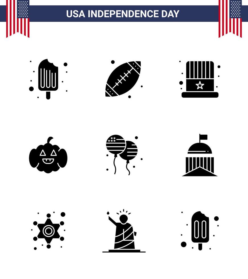 pack de 9 signes de glyphes solides de célébration de la fête de l'indépendance des états-unis et symboles du 4 juillet tels que fly bloon américain usa citrouille modifiable usa day vector design elements