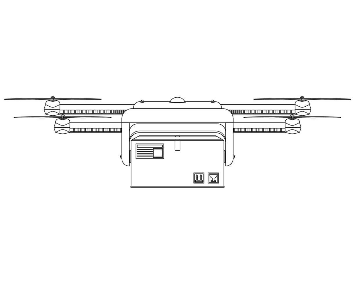 livre de colotage d'hélicoptère de livraison intelligent. quadcopter volant avec boîte de colis dans le ciel. drone autonome moderne pour la livraison des commandes par drone. illustration vectorielle isolée sur fond blanc. vecteur