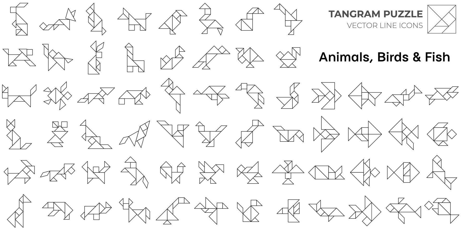 jeu de puzzle tangram. icônes de ligne tangram isolées avec des animaux, des oiseaux et des poissons. illustration vectorielle vecteur