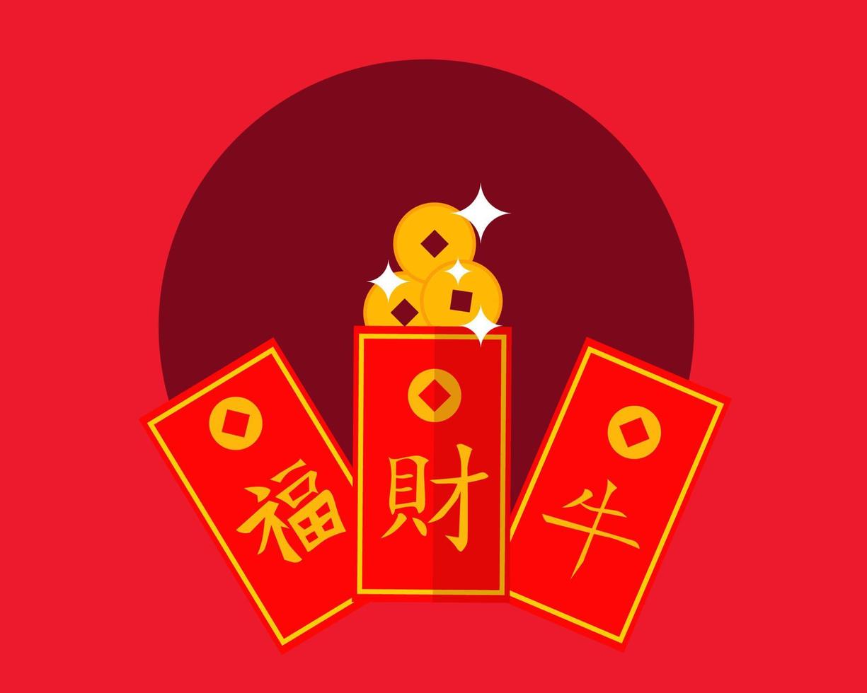 concept chinois de poche rouge porte-bonheur joyeux nouvel an chinois. traduction richesse année du boeuf et bonne chance vecteur