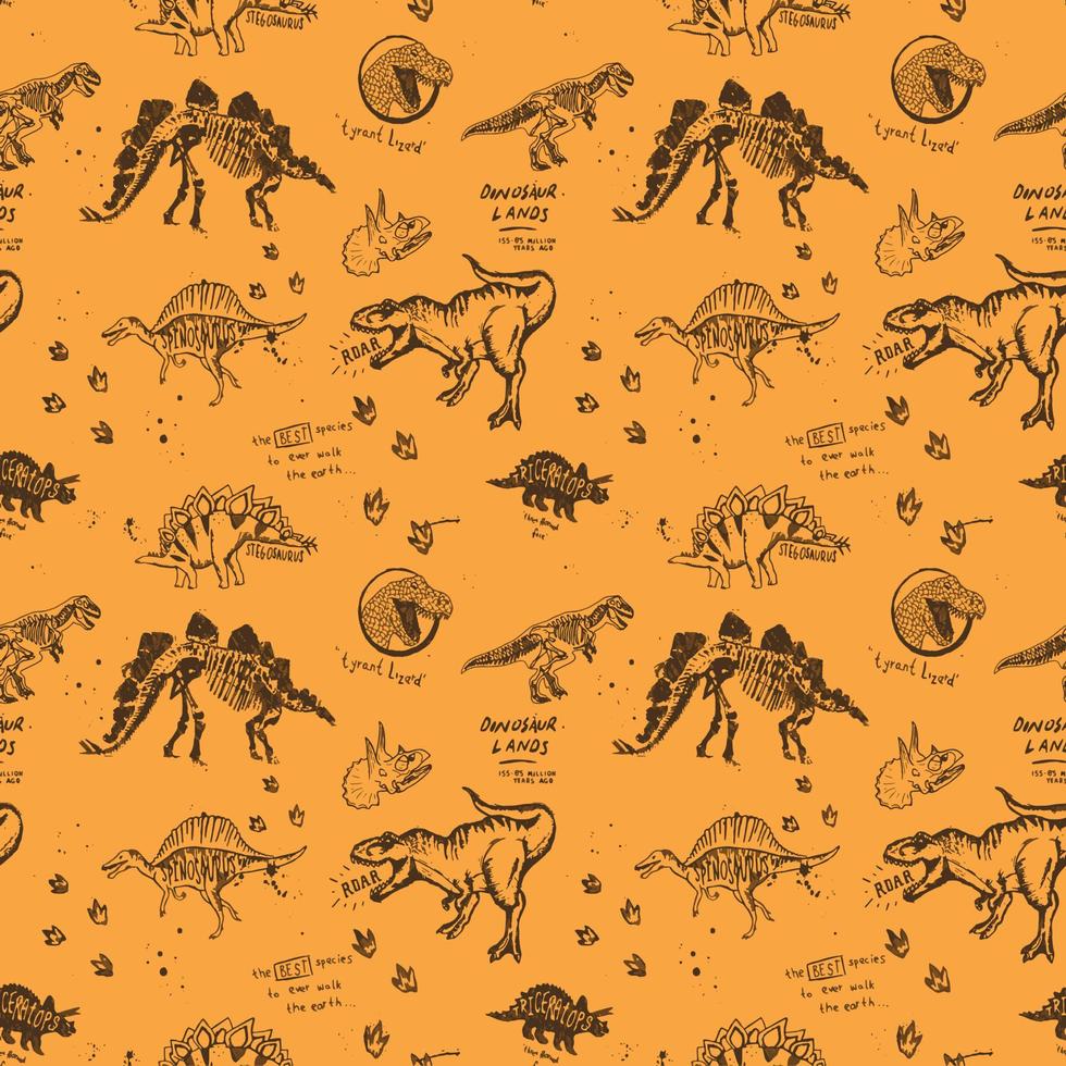 motif vectoriel harmonieux de dinosaure pour le fond, le textile, le tissu, le papier d'emballage et d'autres isolés sur fond orange.