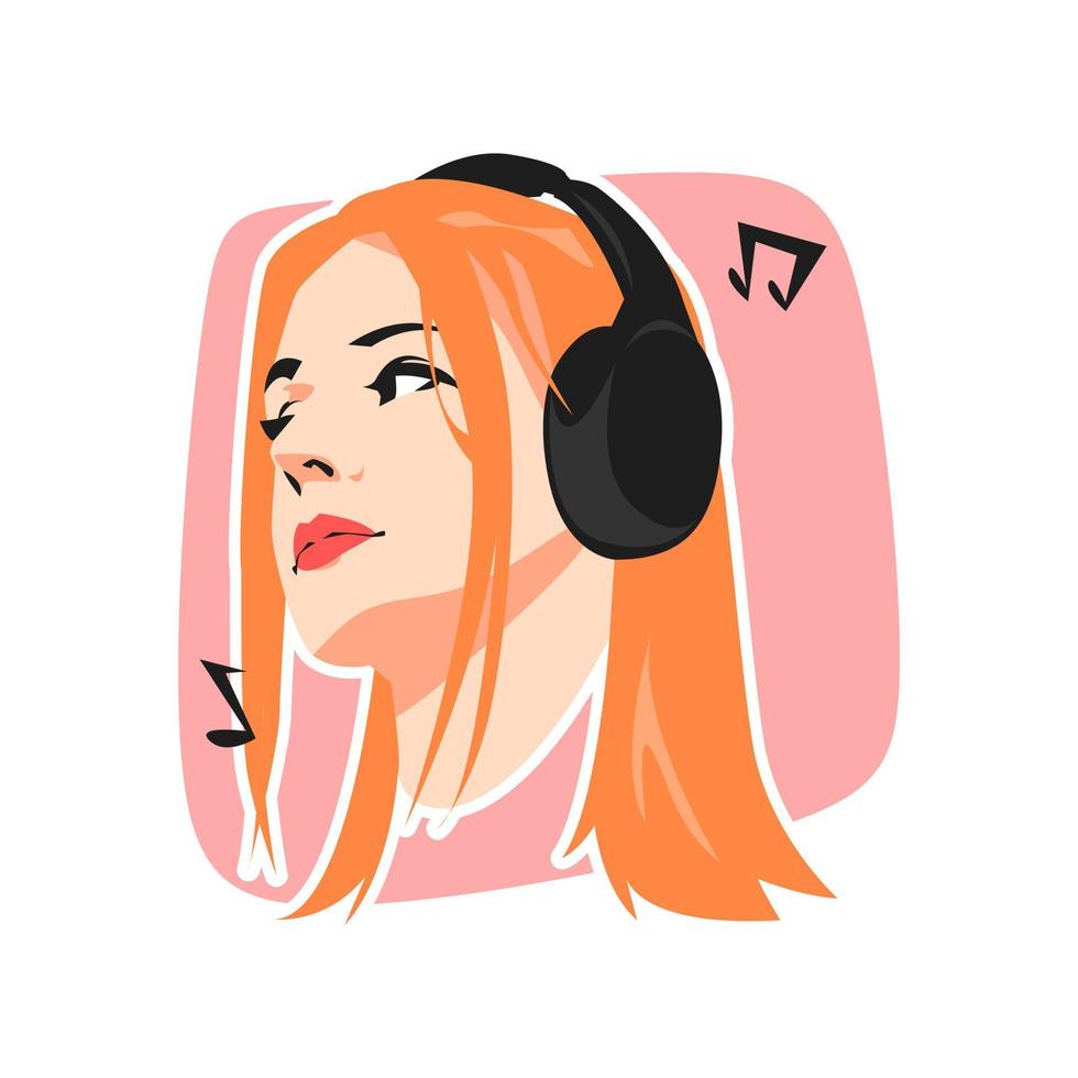 portrait de jeune fille aux cheveux orange portant des écouteurs. concept de musique, passe-temps, technologie. adapté à l'autocollant, à l'impression, etc. graphique vectoriel. vecteur