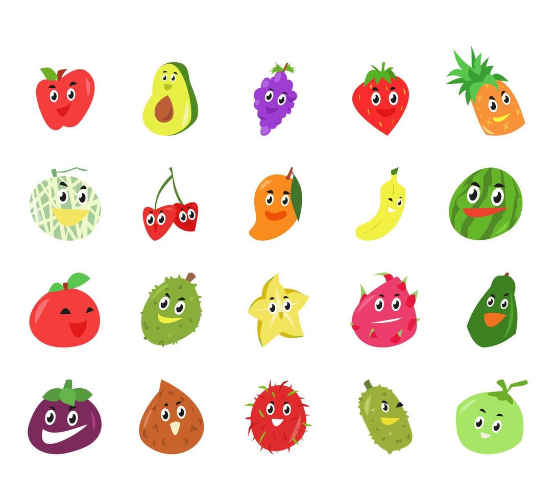 ensemble d'icônes de personnages de fruits mignons. concept de nourriture, jus, santé, etc. illustration vectorielle plane. style de bande dessinée vecteur