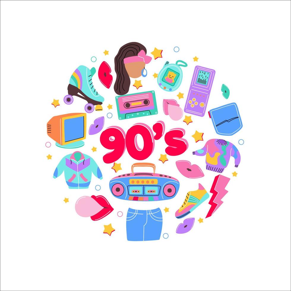 Icônes de la mode des années 90 avec lèvres, baskets, magnétophone, jouets, ordinateur trem, etc. nous sommes les années 90. illustration vectorielle dans le style branché des années 80-90. vecteur