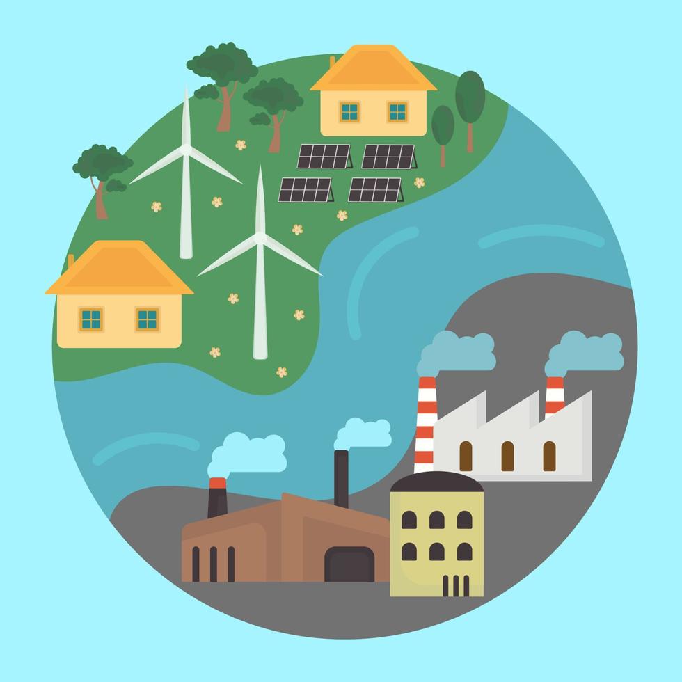 icône, autocollant, bouton sur le thème de l'économie et de l'énergie renouvelable avec la terre et l'énergie non renouvelable et les éoliennes, panneaux solaires vecteur