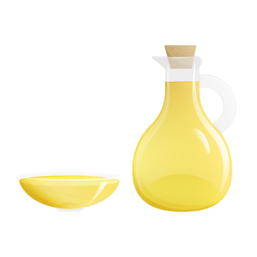 huile d'olive dans une bouteille et une assiette. illustration de vecteur de dessin animé isolé