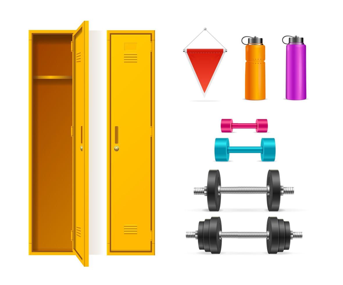 ensemble de casier de gym jaune 3d réaliste et détaillé. vecteur
