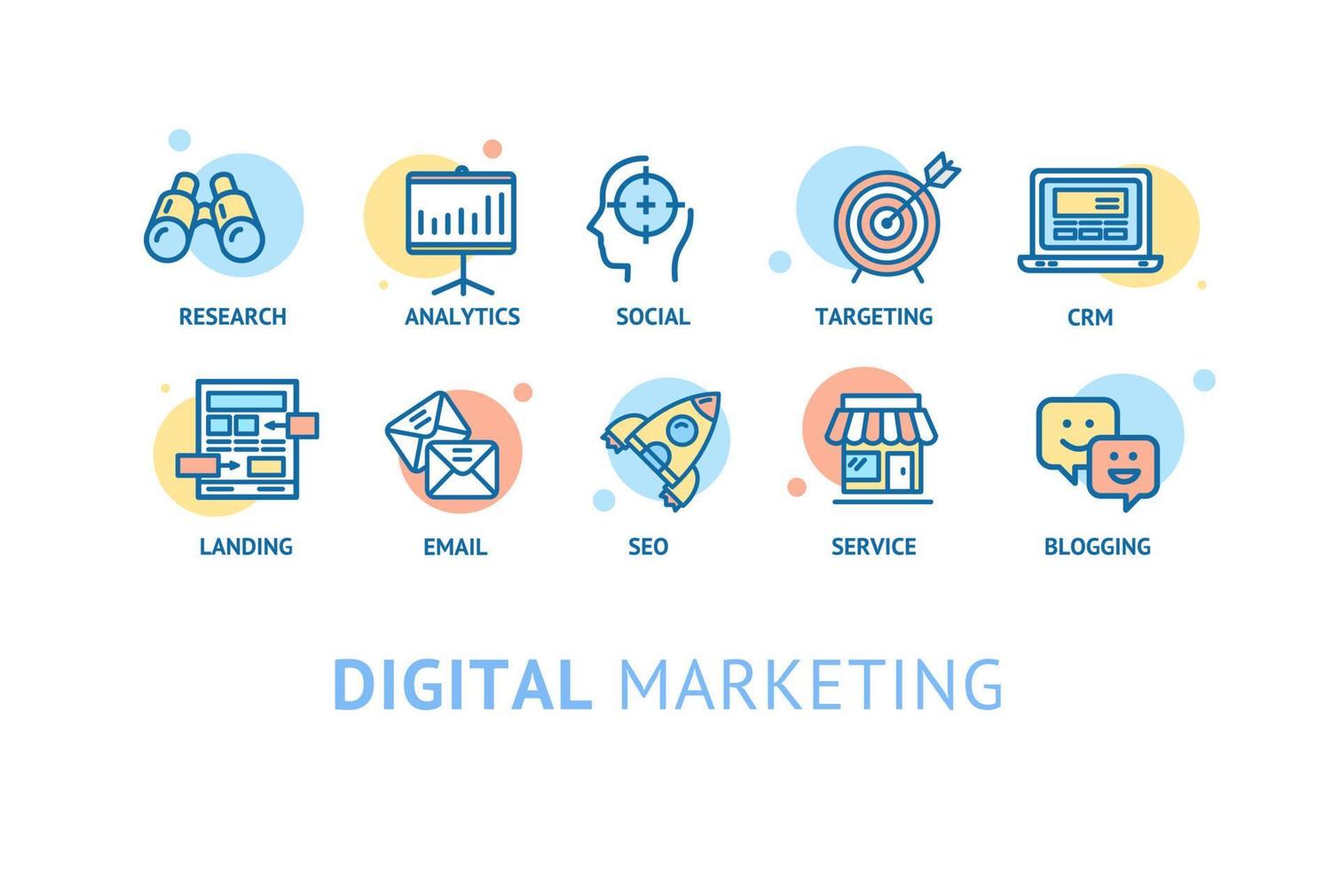 jeu d'icônes de fine ligne de couleur de concept de marketing numérique. vecteur